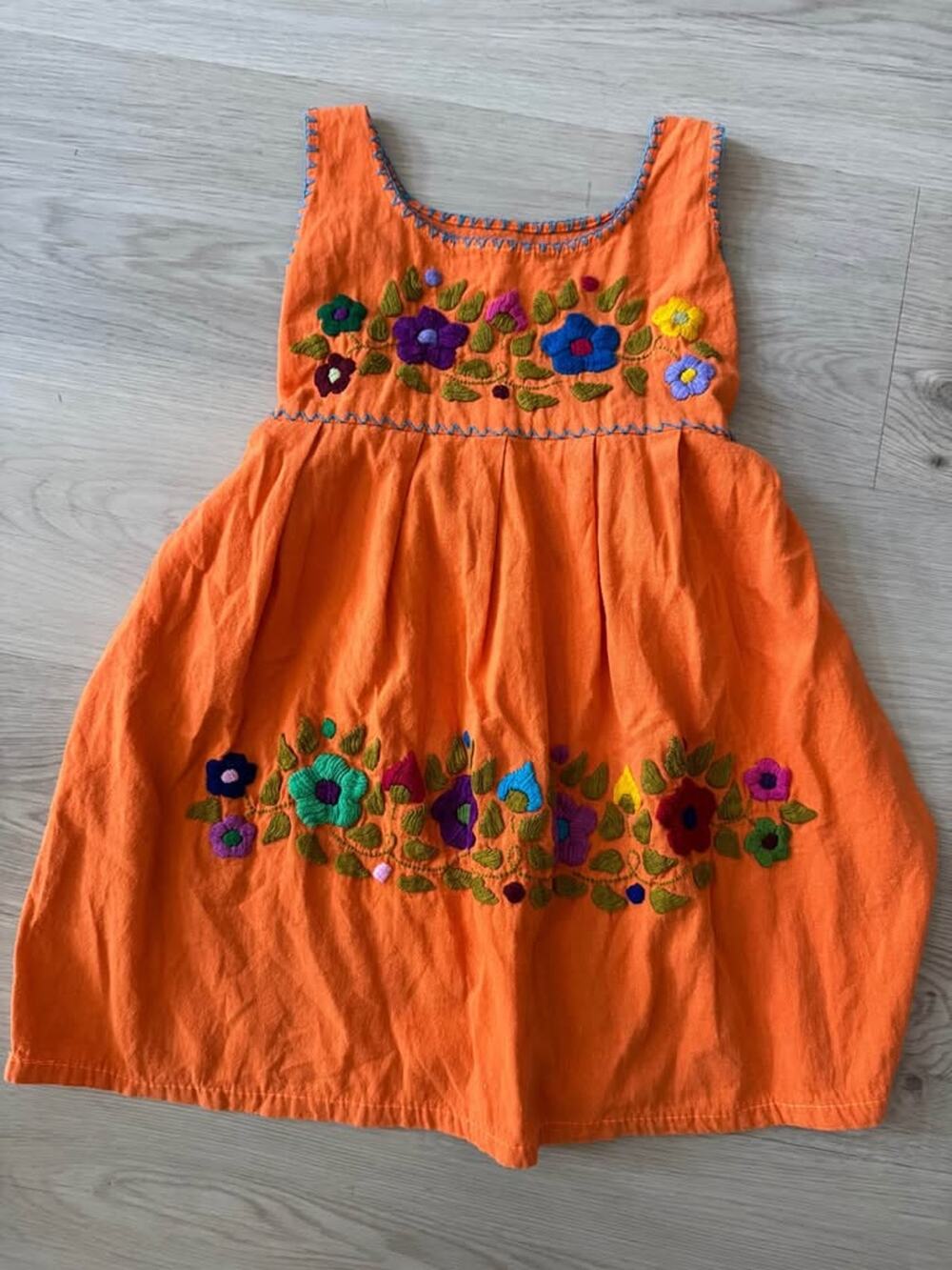 Handmade Traditional Mexican Girls Size 5 Orange Floral Embroidered Tank Dress